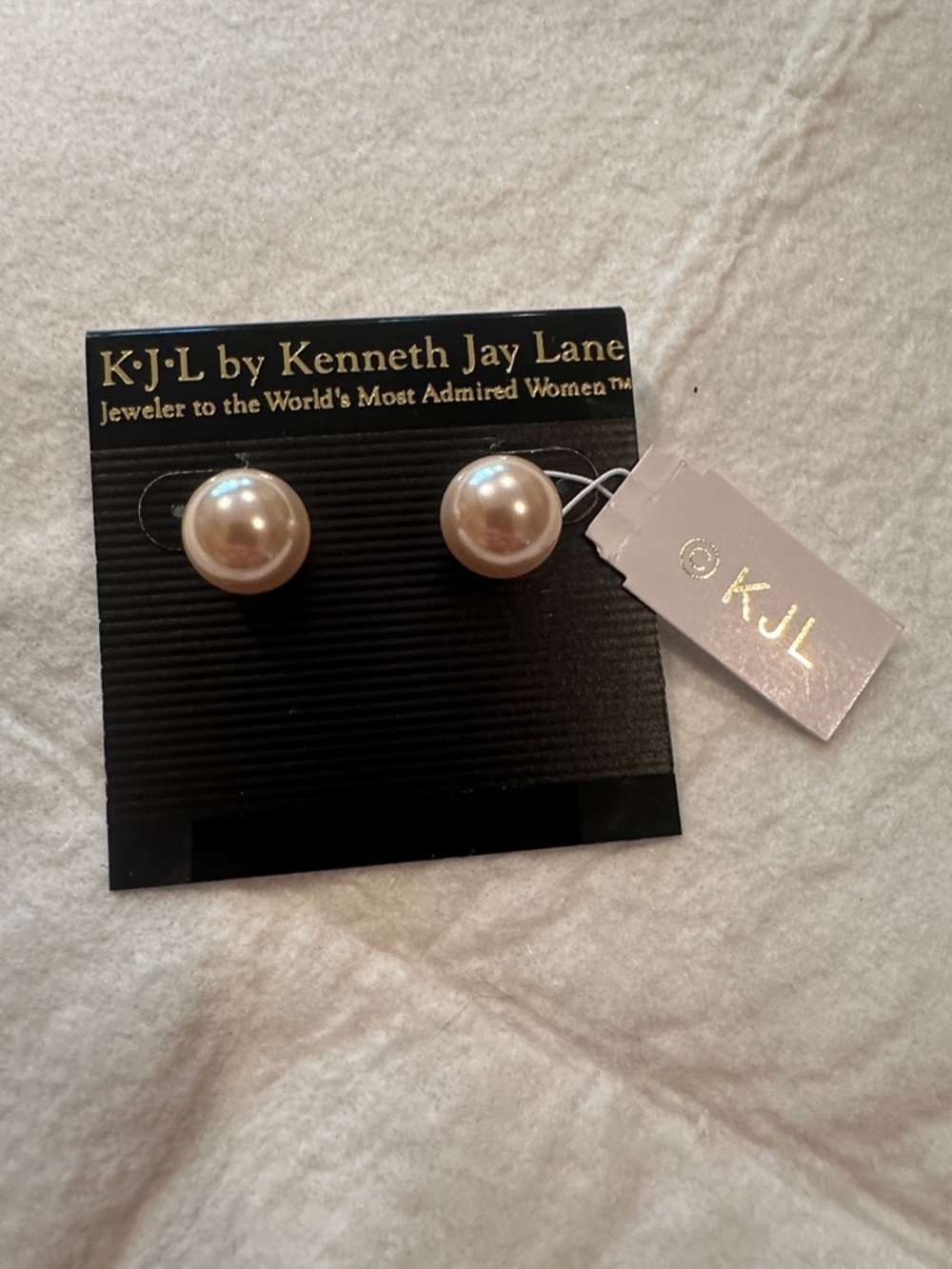 Kenneth Jay Lane Pearl Button Stud Earrings in Creamy Champagne Pinky Faux Pearl